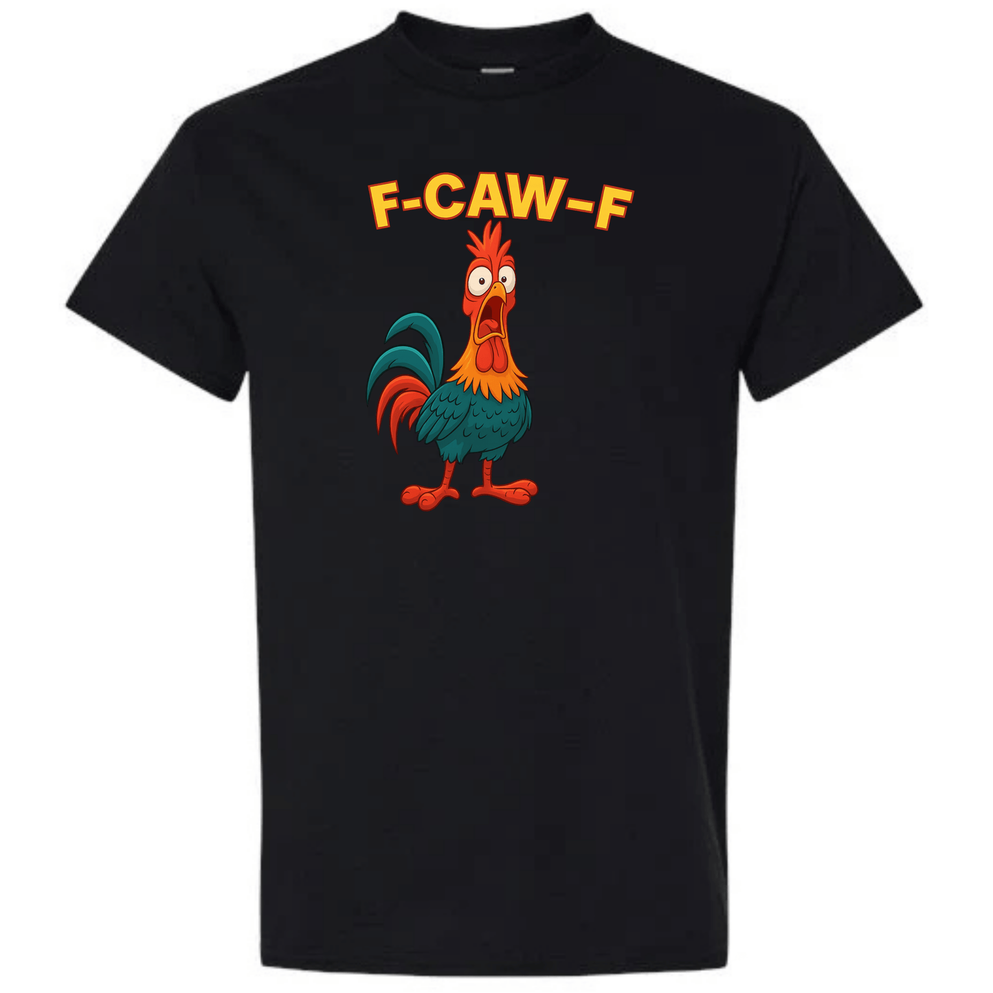 Funny Rooster Cartoon T-Shirt – “F-CAW-F” Angry Chicken Design | Farm Animal Humor Tee