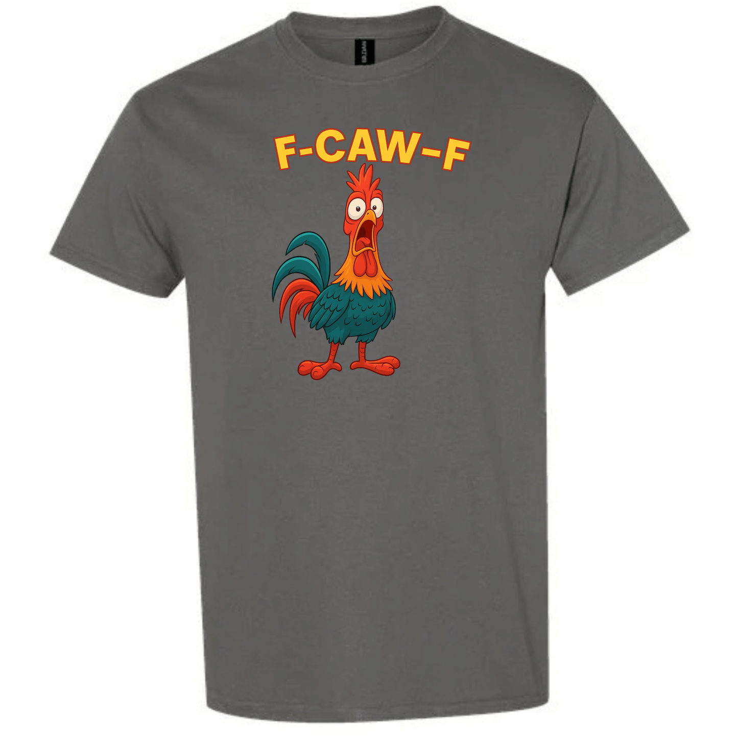 Funny Rooster Cartoon T-Shirt – “F-CAW-F” Angry Chicken Design | Farm Animal Humor Tee