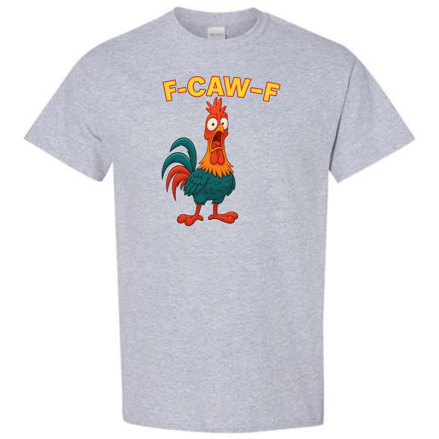 Funny Rooster Cartoon T-Shirt – “F-CAW-F” Angry Chicken Design | Farm Animal Humor Tee